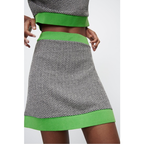 ZARA Knit Jacquard High Waisted Neon Green Mini Skirt Festival
